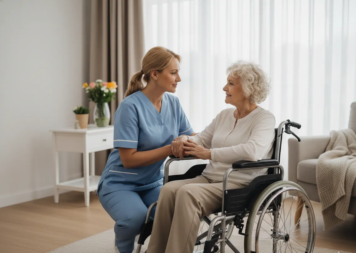 una enfermera o enfermero cuidando de un adulto mayor en sillas de ruedas a domicilio en Guayaquil por Enfermeros Guayaquil