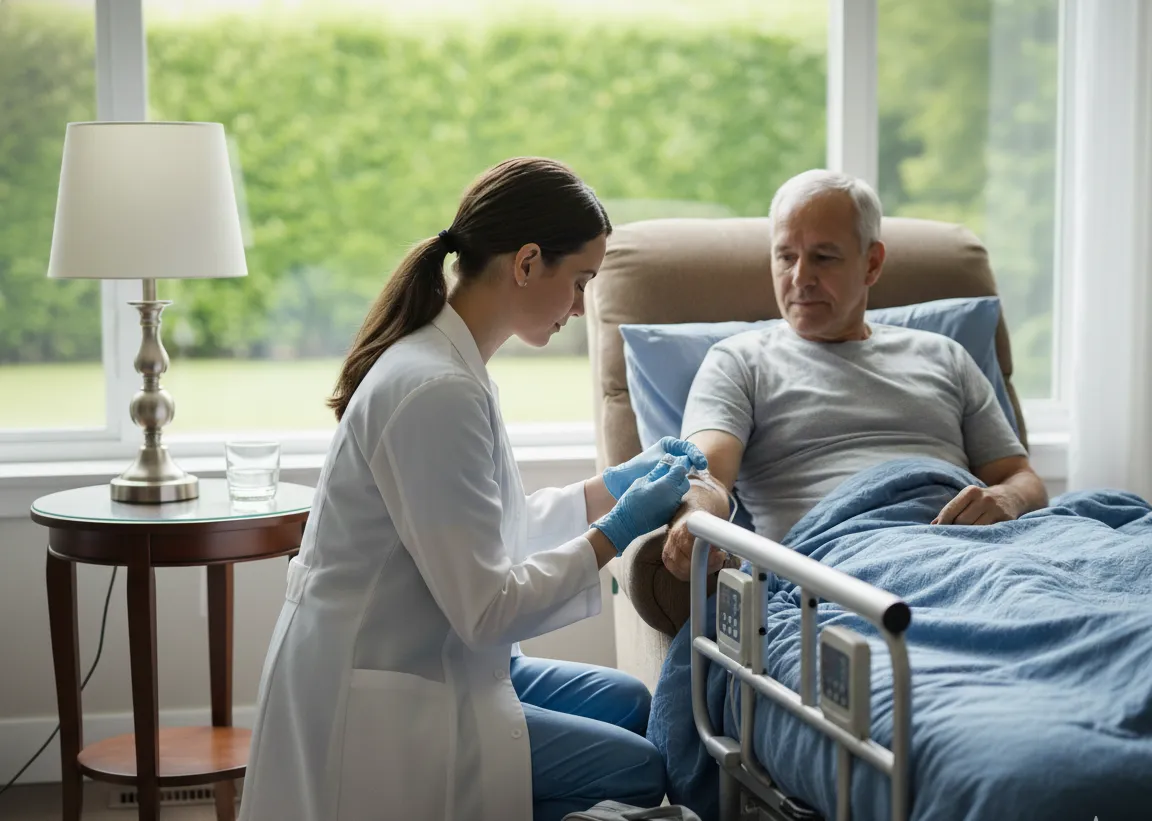 Enfermera cuidando a domicilio a paciente despues de una cirugía atendido por Guayaquil-Ecuador de Enfermeros Guayaquil
