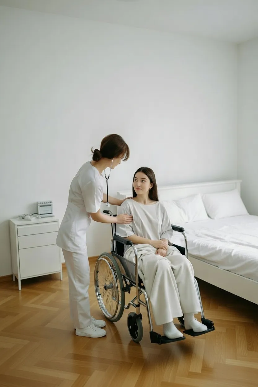 enfermera dando Cuidado de enfermneria a una persona joven por algun padecimiento o solo acompañamiento