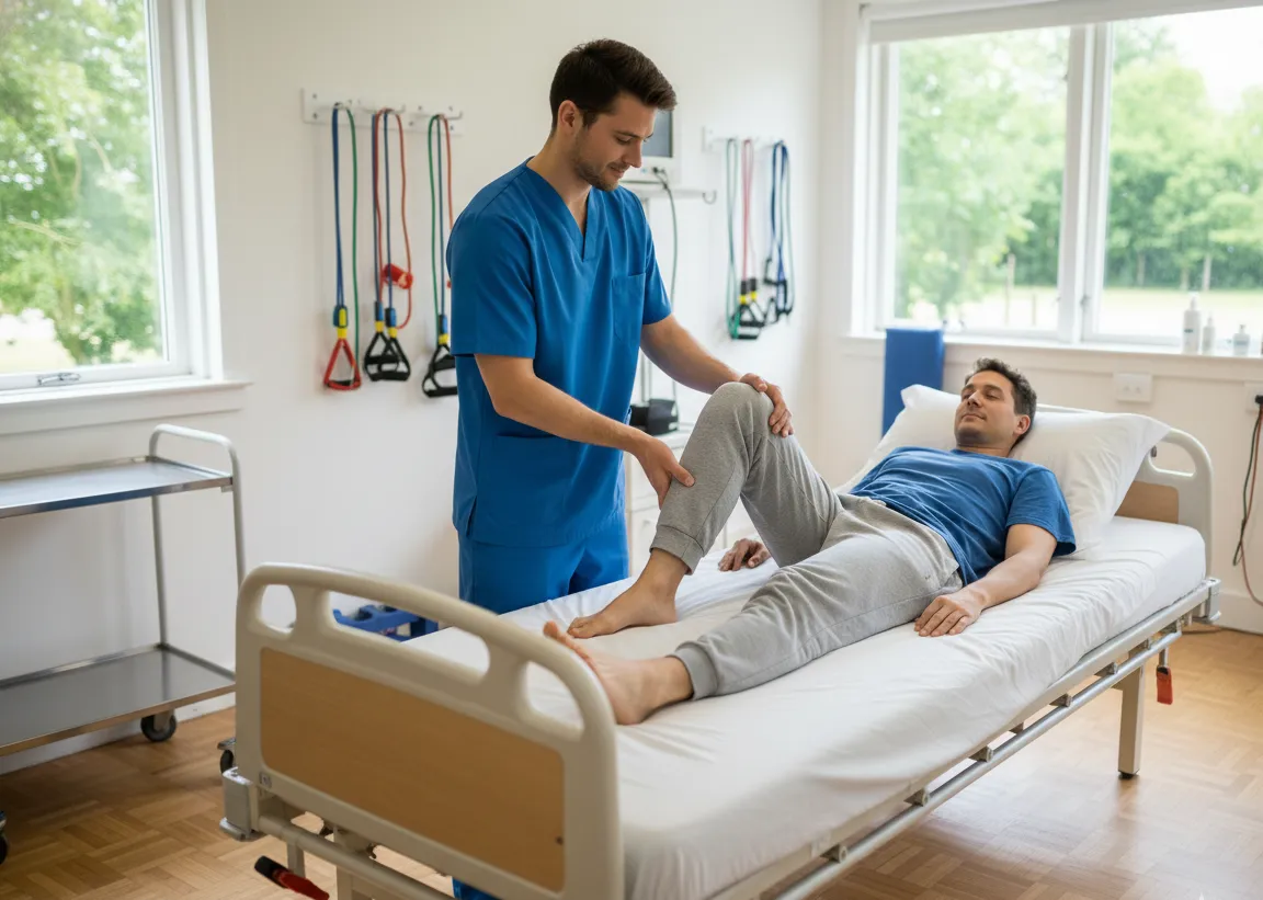 se ve el grupo Enfermeros Guayaquil dando Fisioterapia a paciente para una Rehabilitación musculo esqueletico